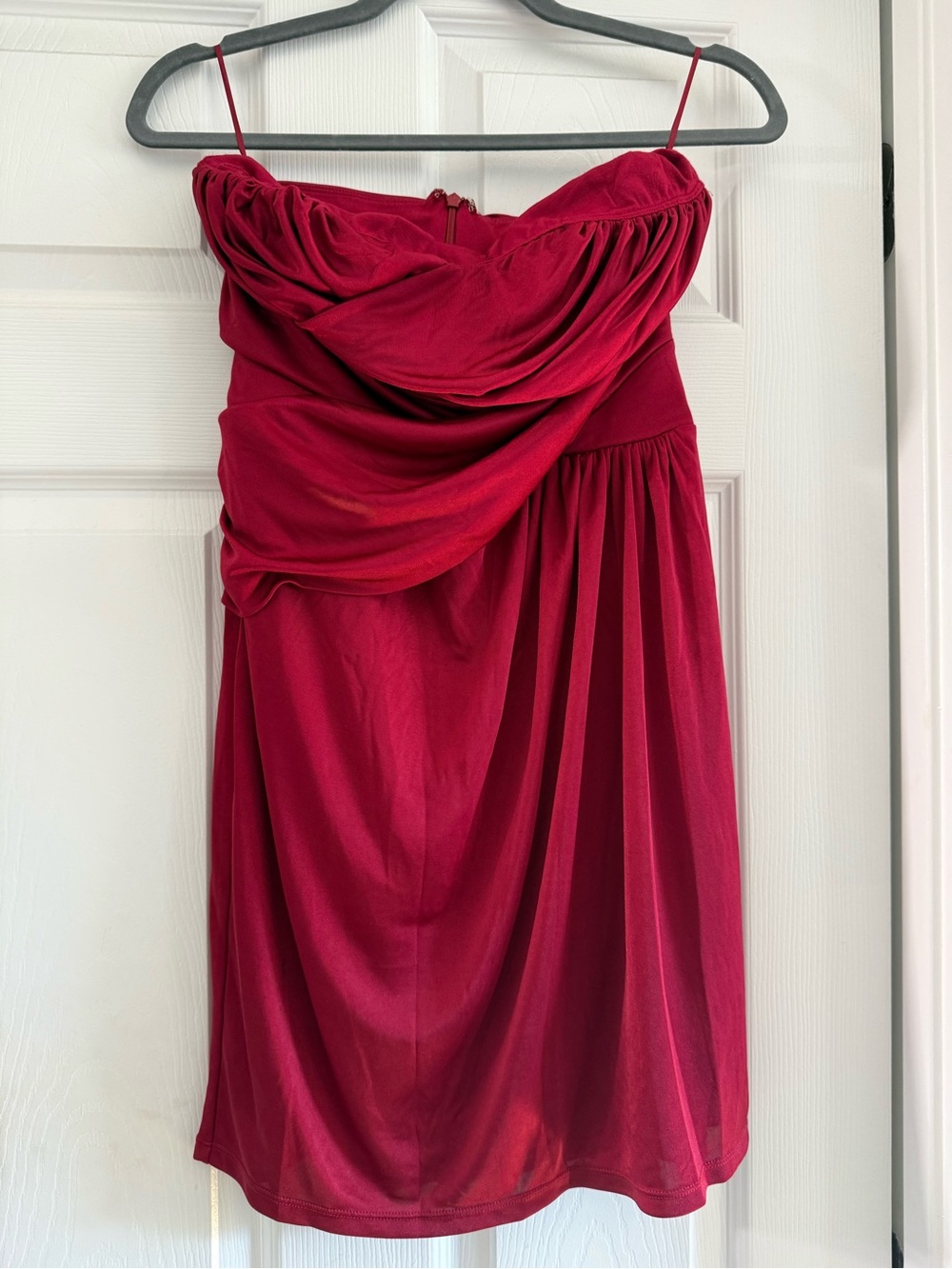 Express Strapless Mini Dress in Wine Red with Draped Bodice
